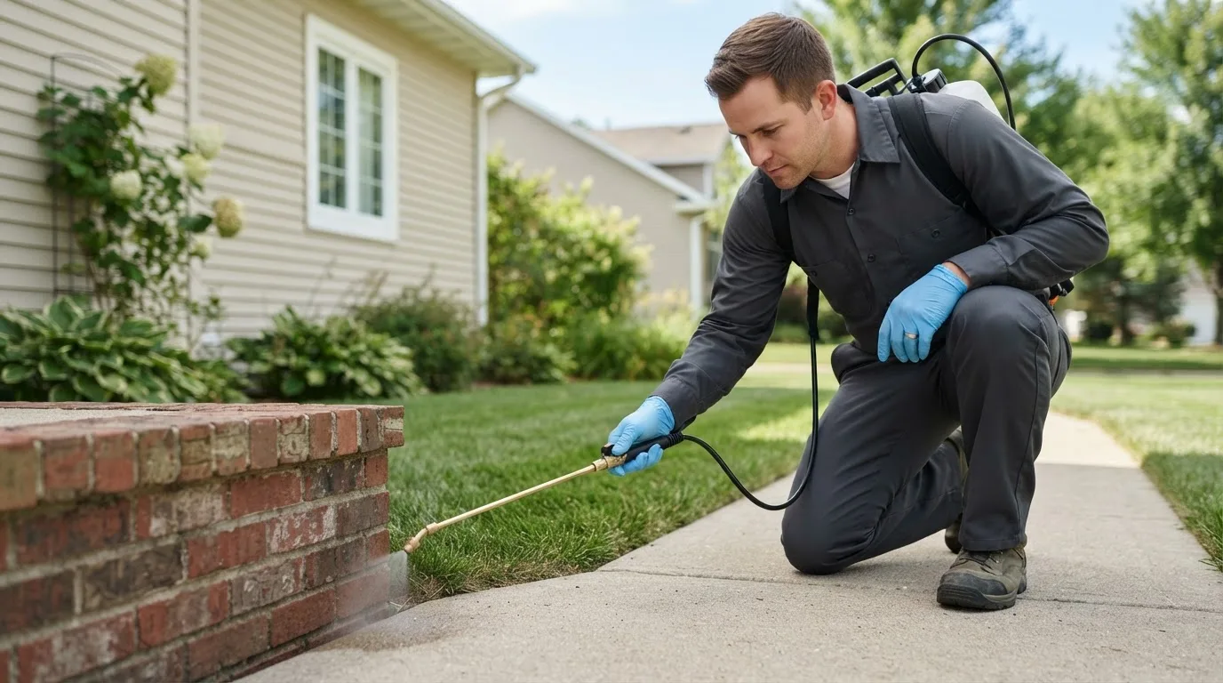 Pest control technician treating a home near Old Westbury, NY