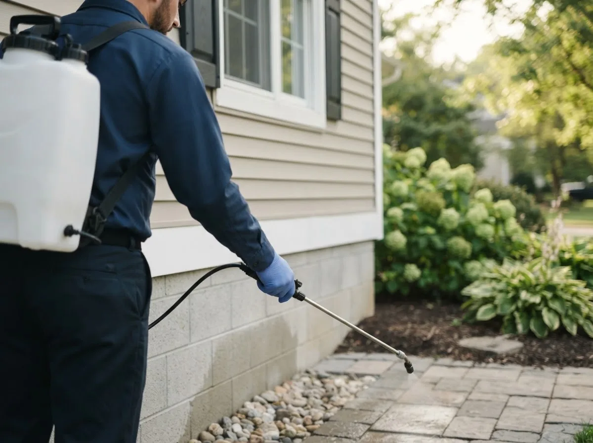 Pest control technician inspecting a home in Old Westbury, NY